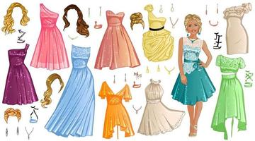 Bridesmaid Paper Doll with Beautiful Lady, Dresses, Hairstyles and Accessories. Vector Illustration