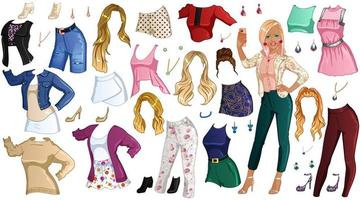 Vlogger Paper Doll with Beautiful Lady, Outfits, Hairstyles and Accessories. Vector Illustration