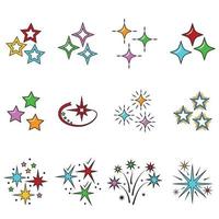 un conjunto de ilustraciones vectoriales coloridas de dibujos animados de estrellas, cometas, saludos, fuegos artificiales, aisladas en un fondo blanco. vector