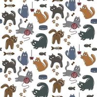 Seamless pattern with funny cats, cat food and fish on a white background. Vector illustration.