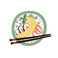 noodles with mussels and squid. hand drawn vector illustration in flat style