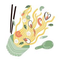 noodles with mussels and squid. hand drawn vector illustration in flat style