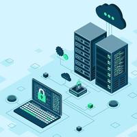 seguridad de datos cibernéticos. concepto isométrico de seguridad en Internet. sala de servidores conectada con una computadora portátil a través de un concentrador protegido. computación tecnología digital de internet. ilustración vectorial vector