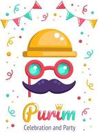 Purim holiday party and carnival announcement with funny clown's mask with glasses and moustache, on a white background with bright confetti. vector