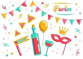 Group of Purim holiday flat doodle elements, decorative Purim objects, mask, wine, beanbag, hamantaschen and crown with confetti on the background. vector