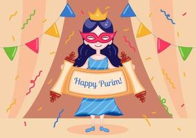 Purim invitation card with the girl in costume, who is holding the invitation scroll on the dark blue background with flags and cofetti.