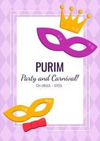 Purim Holiday invitation with copy space and two masks on purple background. Vector card, greeting, announcement of party and carnival.