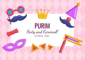 invitación de vacaciones de purim con espacio de copia y máscaras, corona, hamantaschen y bolsa de frijoles sobre fondo púrpura. tarjeta vectorial, saludo, anuncio de fiesta y carnaval. vector