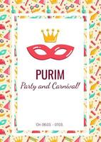Purim carnival and party announcement with copy space, vector banner, invitation, greeting, advertise of party, with seamless pattern on the background.