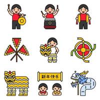 Lion dance related vector icon set