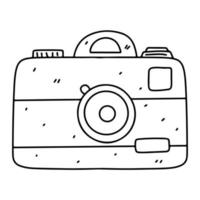 Camera in hand drawn doodle style. Shooting equipment. Digital technology. Vector illustration isolated on a white background.