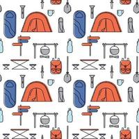 Hiking bundle seamless pattern. Collection of items for hiking tourism repeatable background. Isolated vector illustration.