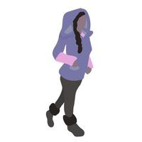 The figure of a girl in a spacious violet hood and dark pants, a female silhouette with long hair in clothes for walking and warm shoes vector