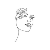 retrato abstracto lineal de una niña con hojas y rizos, arte de línea facial para el diseño vector