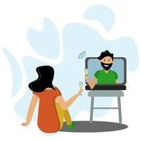 Virtual date, social distance in romance, Valentine's day via video chat, a girl and a guy with a drink in his hand in flat style vector