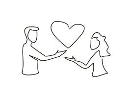 Valentine's Day. Man and woman hold a heart. One line illustration. Give love. vector