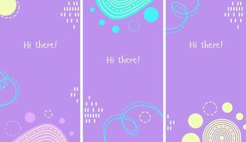 Abstract geometric set of backgrounds for Instagram story posting with bright shapes in violet, yellow and blue colors. Vector flat illustration.