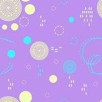 Vector flat seamless violet, yellow, blue geometric pattern with rounds, dots and lines.