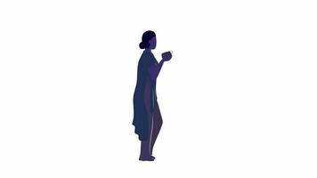 femme confortable animée buvant du thé. dame avec tasse. silhouette de personne plate corps entier sur fond blanc avec transparence du canal alpha. séquences vidéo 4k de style dessin animé couleur du personnage pour l'animation video