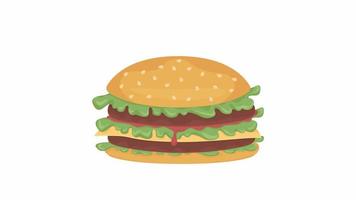 hambúrguer suculento animado. comida rápida deliciosa. deliciosa receita de hambúrguer. objeto plano em fundo branco com transparência de canal alfa. vídeo colorido estilo cartoon 4k do item para animação video