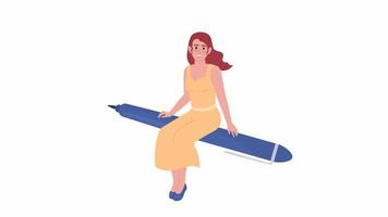 Animated lady flying on pen loader. Writing progress. Flat person 4K video footage with alpha channel transparency. Color cartoon style loader animation with character for download, upload process