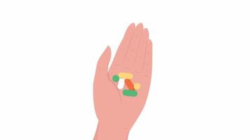 Animated giving pills on palm. Taking medications. Flat first view hand on white background with alpha channel transparency. Colorful cartoon style 4K video footage of closeup arm for animation