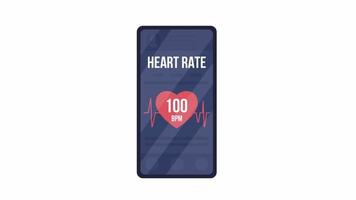 Animated heart rate app on phone. Measuring heartbeat with smartphone. Flat object on white background with alpha channel transparency. Colorful cartoon style 4K video footage of item for animation