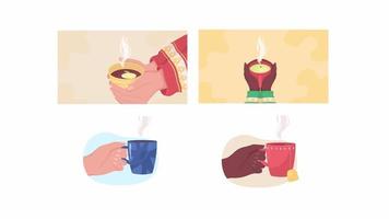 Animated drinking hot drinks set. Enjoying warmth in winter. Good morning. Looped flat color 2D cartoon first view hands animation with colorful background. Close up 4K video pack with alpha channel