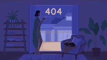 Animated 404 error cozy night loader. Woman drinking tea. Sleeping pet. Looped flat color 2D cartoon characters animation with nighttime on background. Loading progress 4K video with alpha channel