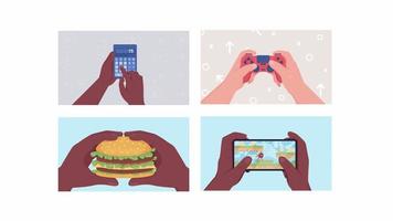 conjunto de atividades diárias animadas. comendo fast-food. jogando jogos. desenhos animados 2d de cores planas em loop primeiro visualizam a animação das mãos com fundo colorido. feche o pacote de vídeo 4k com canal alfa video