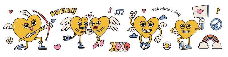 conjunto de personajes de corazones amarillos maravillosos y encantadores. concepto de amor hippie. elementos de feliz día de san valentín. mascotas funky del corazón en el moderno estilo retro de dibujos animados de los años 80 y 70. ilustración vectorial dibujada a mano vector