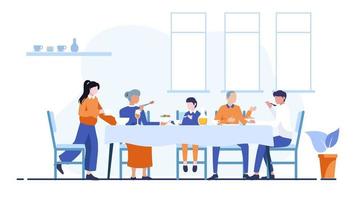 animated graphic video of a family have a dinner. Children, parents and grandparents eating dishes together. Holiday meal in various countries. Vector illustration in flat cartoon style