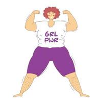 Happy plus size overweight woman showing biceps in a t-shirt with the inscription girls power vector