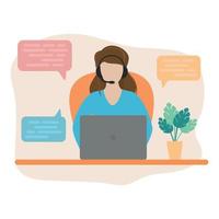 Vector illustration. A girl with a computer in headphones. Call Center Operator