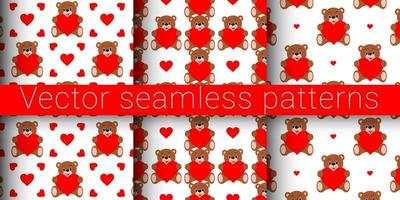 Collection of vector seamless patterns. Teddy bear with a heart.