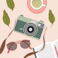 Film camera, tea cup, glasses and note book on the table. Trendy top down view illustration. Working from home. Modern minimalistic hand drawn home office space design for web card, banner. vector