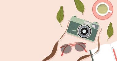 Film camera, tea cup, glasses and note book on the table. Trendy top down view illustration. Working from home. Modern minimalistic hand drawn home office space design for web card, banner. vector