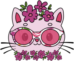 chat mignon dans une couronne de fleurs portant des lunettes png