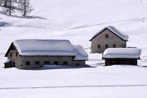 cabaña de madera en el fondo de la nieve del invierno foto