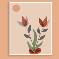 vector de arte de pared botánico. dibujo de arte de línea de follaje boho en tonos tierra con formas abstractas. diseño de arte de plantas abstractas para impresión, portada, papel tapiz y arte de pared mínimo y natural.