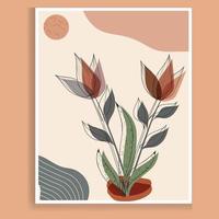 vector de arte de pared botánico. dibujo de arte de línea de follaje boho en tonos tierra con formas abstractas. diseño de arte de plantas abstractas para impresión, portada, papel tapiz y arte de pared mínimo y natural.