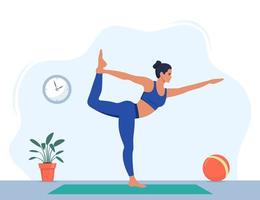 Female character doing yoga exercises at home. Wellness, healthcare and lifestyle concept. Vector illustration.