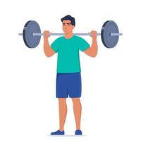 Man doing Standing barbell shoulder press exercise. Flat vector illustration isolated on white background.