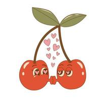 Trendy characters cartoon groovy kissing couple cherry in retro style. 60s 70s aesthetics vintage vector illustration. Valentines day concept.