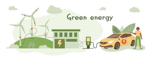 Green energy illustration. Industrial Factory with renewable wind energy. Electric car near charging station. Renewable energy concept. Vector illustration.