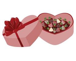 Chocolate covered strawberries in a heart shaped pink gift box. Vector holiday illustration isolated on white background.