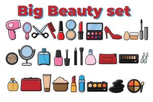 Big set of beauty and makeup icons cosmetics, creams, lipstick, nail polish, scissors, powder isolated on a white background. Vector illustration