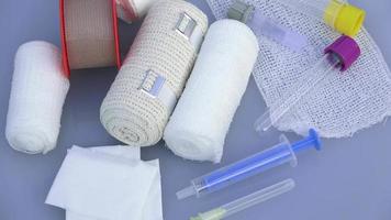 First aid kit with dressing material. Medical instruments, medical blood tube, test tube for laboratory