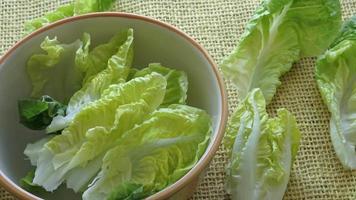 Fresh green lettuce in a salad bowl isolated on yellow background video