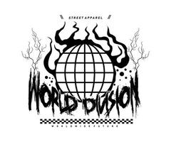diseño personalizado de un eslogan de división mundial con un aspecto grunge, con una ilustración de un globo en llamas, para ropa de calle y diseño de camisetas de estilo urbano, sudaderas con capucha, etc.